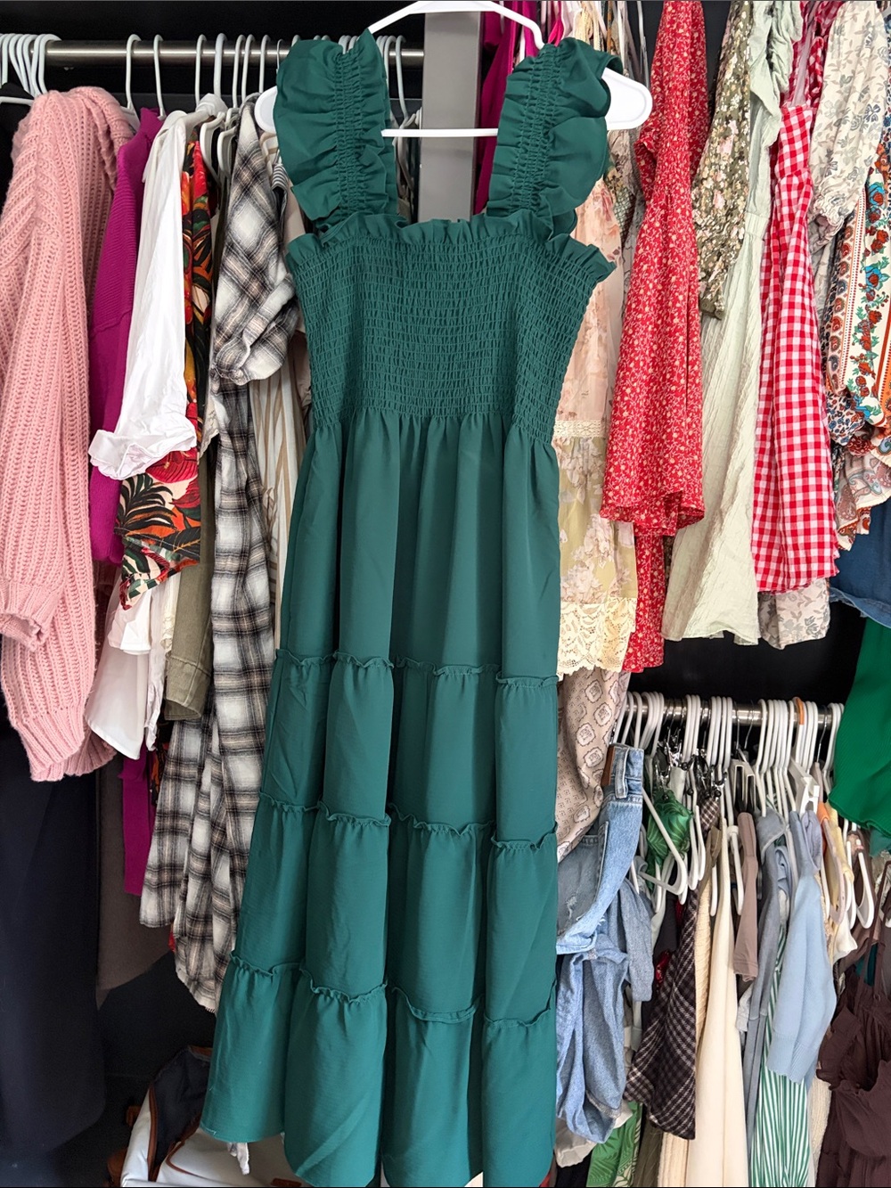 Smocked Ruffle-Strap Maxi Dress in Deep Green